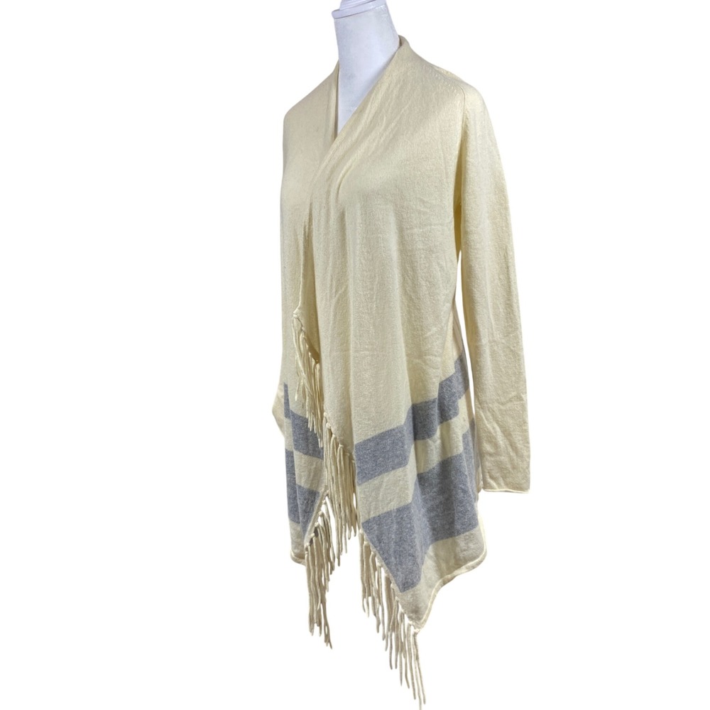 Cashmere‎ Cashmere Women's Cream Gray Striped Fringe Open Front Cardigan Sweater
